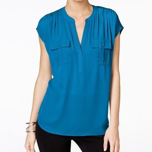 INC Womens Split Neck Utility Shirt Blue XL